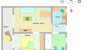 Planta baixa de um hotel, com varanda, sala de estar, cozinha, banheiro e quarto.