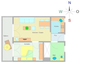 A hotel floor plan with a balcony, living area, kitchen, bathroom, and bedroom. - LG-08 - Residenz Lindengarten Whg. LG-08th (Kühlungsborn)