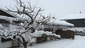 A snow-covered residential area with a house, a tree, and a wooden fence.