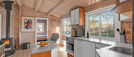 Fridge, stovetop, dishwasher, coffee/tea maker