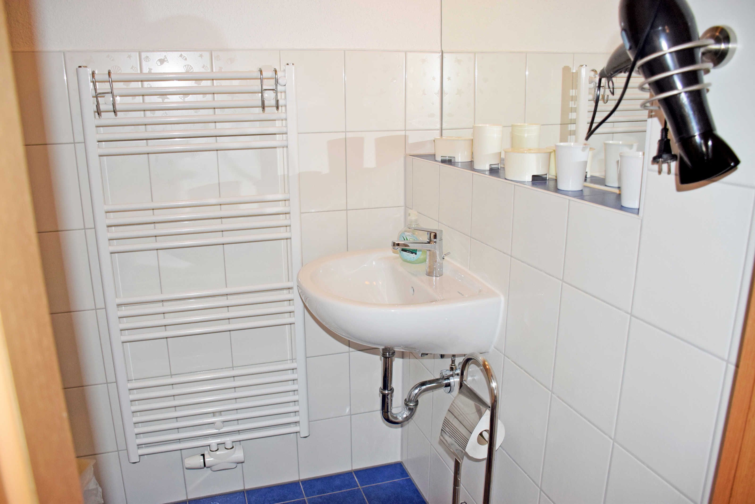 A bathroom with a white sink, a towel rack, and a mirror.
