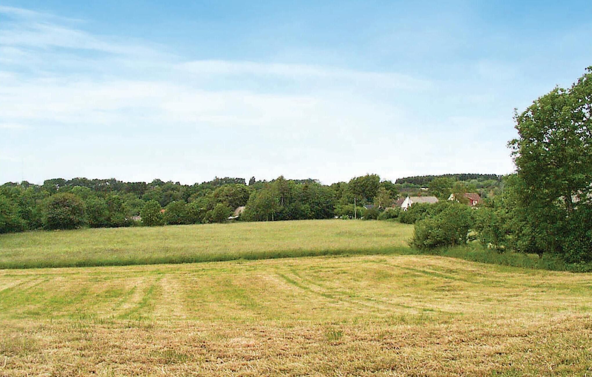A rural landscape with open fields, scattered trees, and a few buildings in the distance.