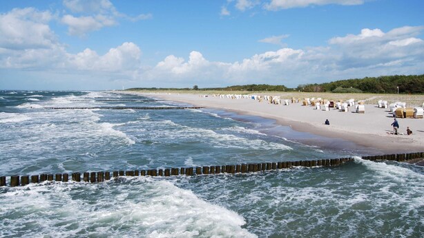 A beach with a wooden breakwater, sandy shore, and beach chairs. - Whg 3 - ground floor villa Boddenblick (Wiek)