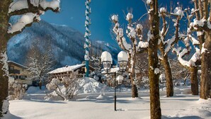 A snow-covered landscape with a building, trees, and a mountain in the background. - Basic double rooms (16m²) - Hotel & Restaurant Alpenrose Bayrischzell (Bayrischzell)