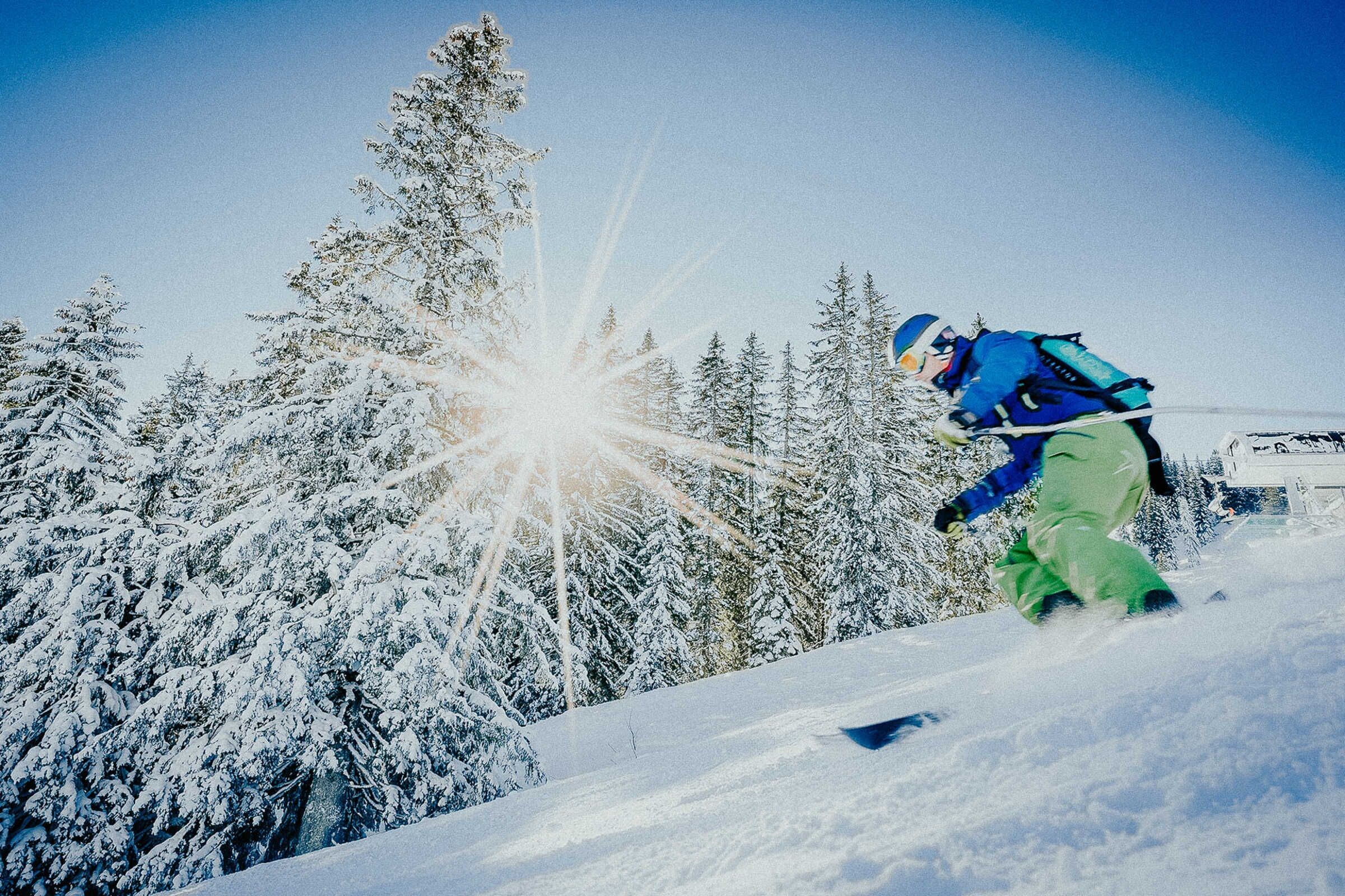 Ein Snowboarder auf einem verschneiten Hang, Bäume im Hintergrund.