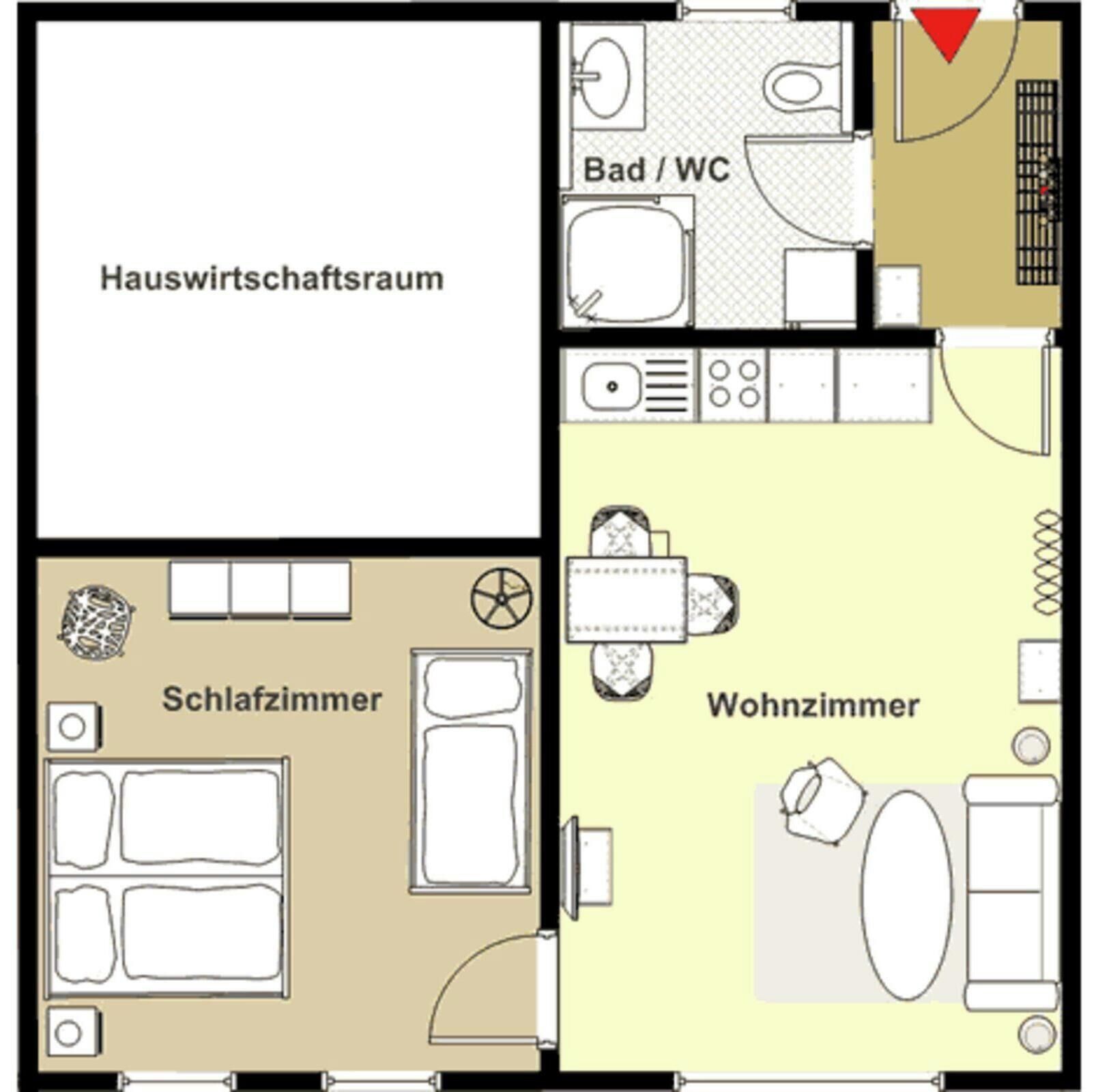 A hotel layout with a living room, bedroom, bathroom, and kitchen.