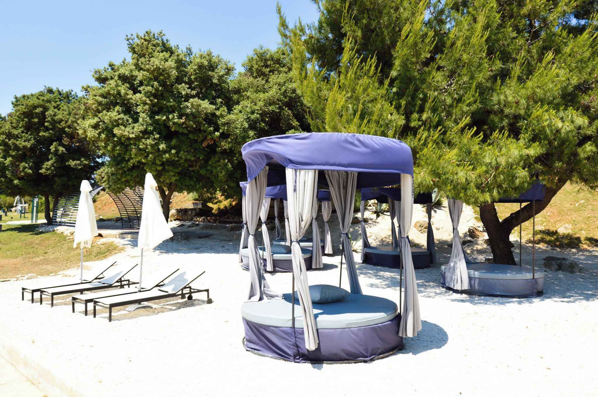 Espaces extérieurs aménagés avec des chaises confortables et des parasols, le tout entouré d’arbres.