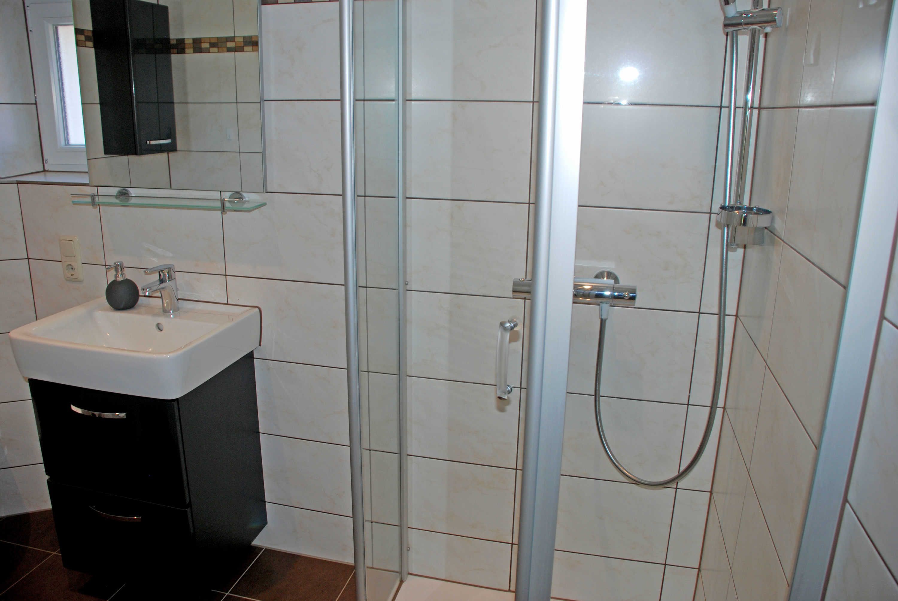 A bathroom with a glass-enclosed shower, a sink, and a mirror above the sink.