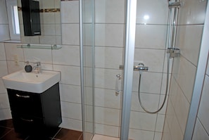 A bathroom with a glass-enclosed shower, a sink, and a mirror above the sink.
