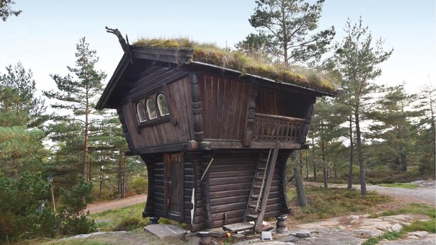 A wooden cabin with a thatched roof, surrounded by trees.