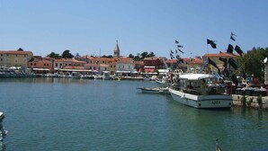 A harbor with boats docked, a prominent church tower, and colorful buildings along the waterfront. - Holiday apartment with terrace (Novigrad)
