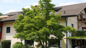 Un bâtiment avec un grand arbre devant, un balcon sur la droite et une personne assise à une table à l’extérieur.