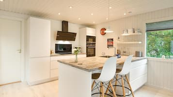 Fridge, stovetop, dishwasher, coffee/tea maker