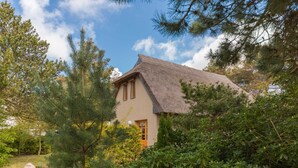 Une maison au toit de chaume, entourée d’une végétation luxuriante et d’arbres.