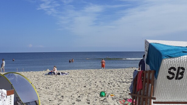 Ein Strand mit einem Zelt, einem überdachten Bereich mit 'SB' darauf und Menschen im Wasser.