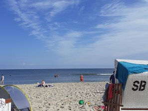 A beach with a tent, a covered area with 'SB' on it, and people in the water.
