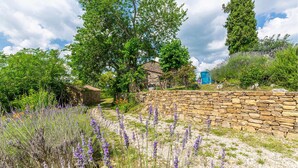 A stone wall, a stone building, and a tree in a garden. - Nice home in Skabici with WiFi (Skabici)