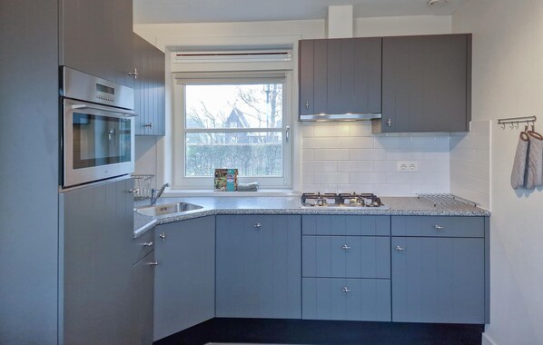 Fridge, stovetop, dishwasher, coffee/tea maker