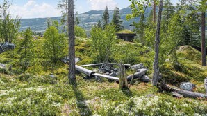 Een bergachtig landschap met een blokhut, omringd door bomen en rotsachtig terrein.