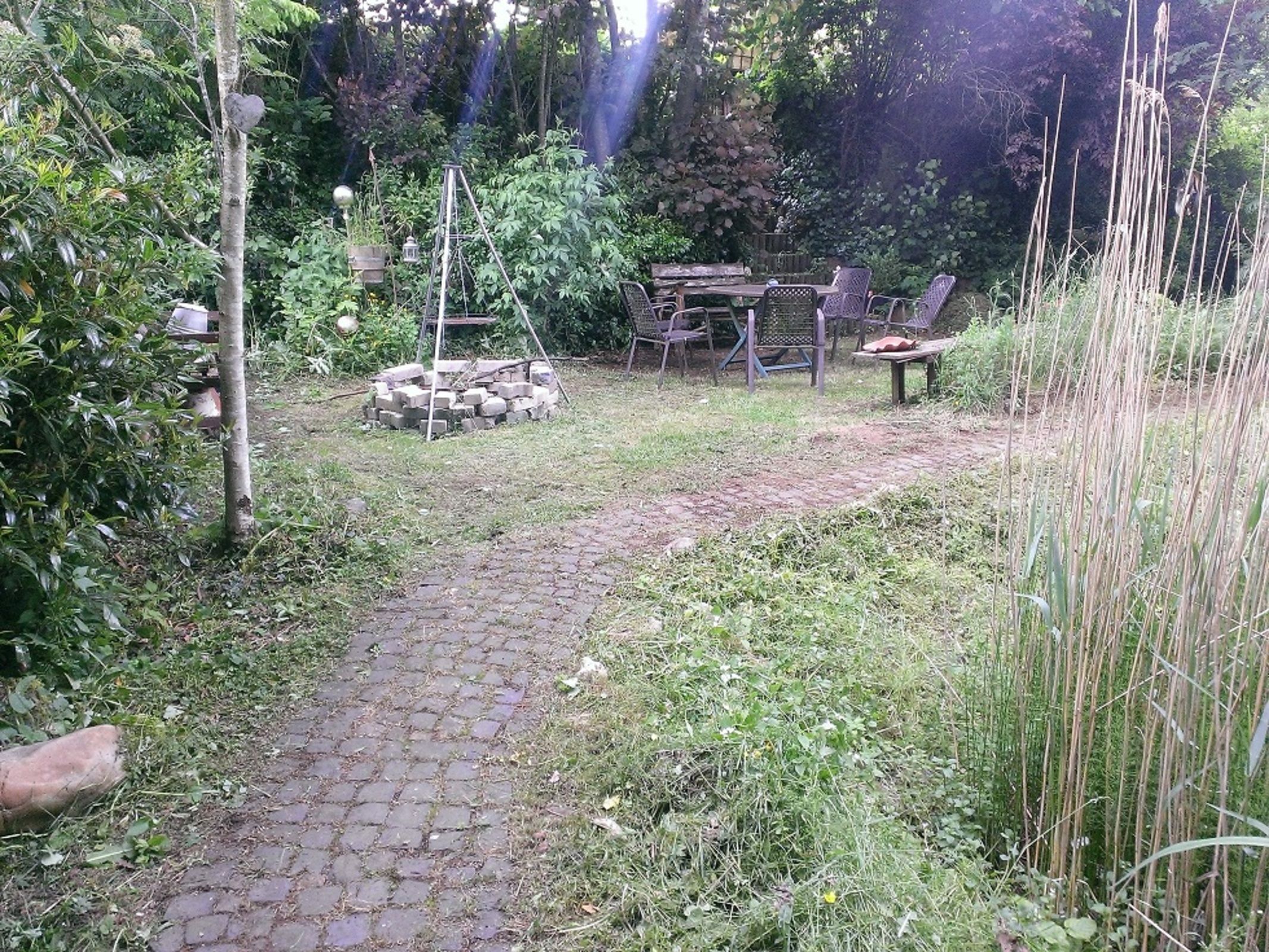 Un jardin avec un chemin pavé menant à une table et des chaises en bois, entourés de verdure et d’une petite construction en briques.