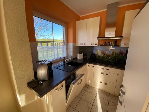 Fridge, dishwasher, coffee/tea maker, electric kettle