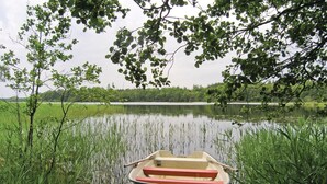 A rowboat with a red seat and a paddle, docked at the edge of a calm lake surrounded by dense greenery and trees.