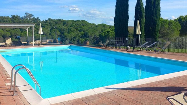 En rektangulær swimmingpool med krystalklart, blå vand, omgivet af en træterrasse. Liggestole og parasoller langs poolkanten, og høje cypresser i baggrunden.