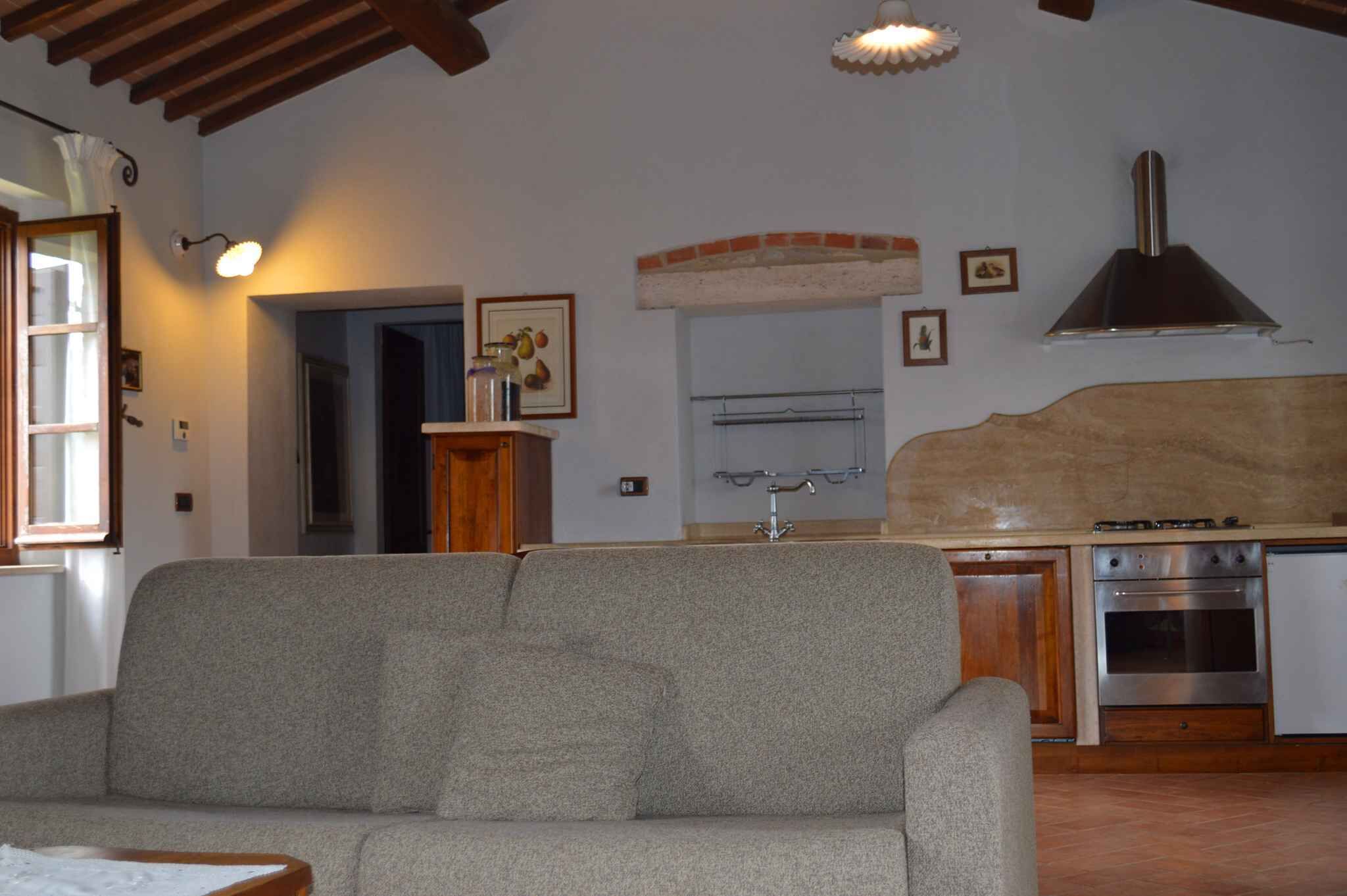 A living room with a sofa, a kitchen with a stove and oven, and a wooden ceiling.