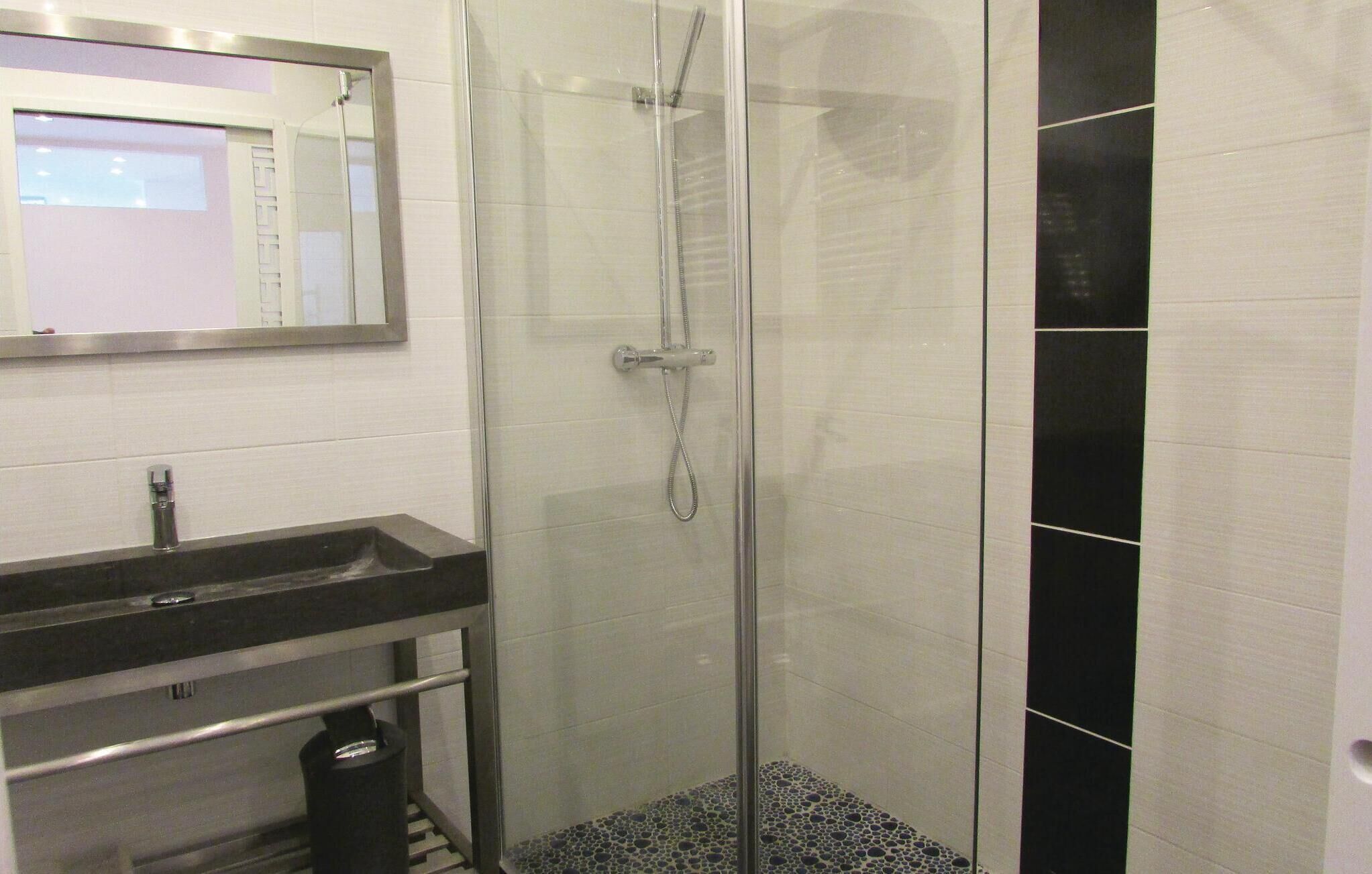 A modern bathroom with a glass-enclosed shower, a black sink, and a mirror above it.