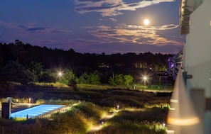 A nighttime view of a hotel with a swimming pool, illuminated pathways, and a forested backdrop.