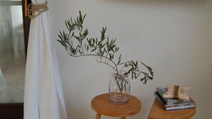 Une pièce dotée d’un téléviseur à écran plat fixé au mur, d’une petite table en bois sur laquelle se trouve un vase en verre contenant une plante, et d’un rideau blanc retenu par un cordon.