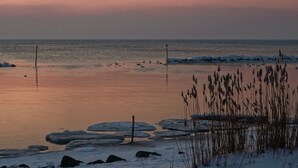 A coastal scene with ice formations, a calm sea, and a clear sky.