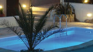 A swimming pool with a palm tree in the foreground, surrounded by a stone wall and potted plants. - Beautiful home in Okrug Gornji (Okrug Gornji)