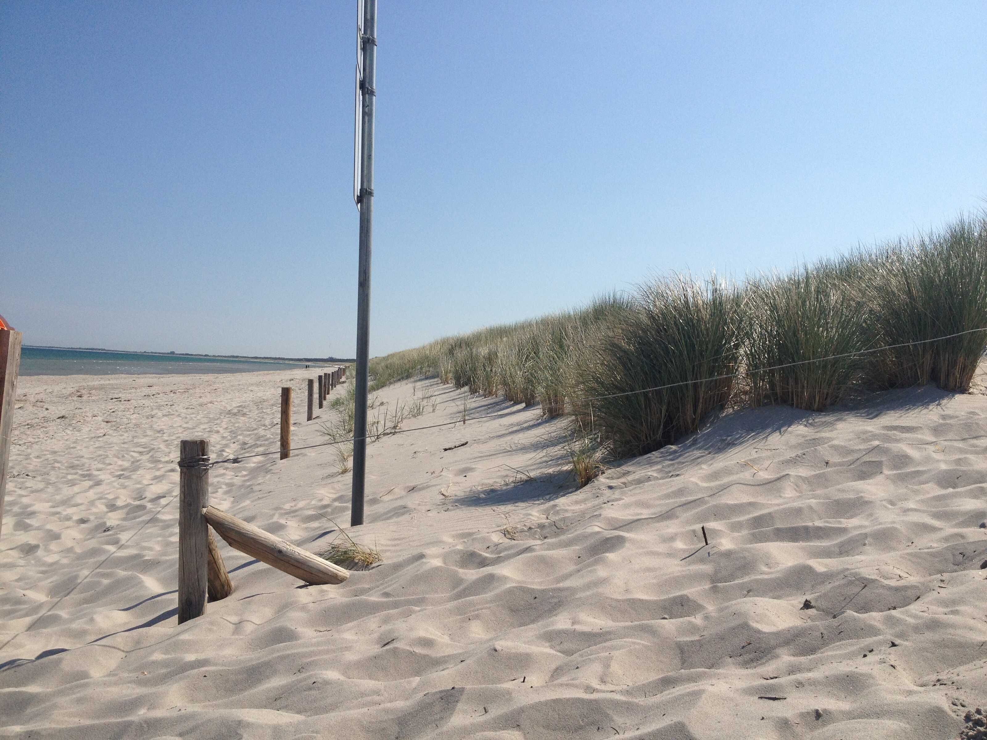 A sandy beach with wooden posts and a metal pole, likely for safety or navigation.
