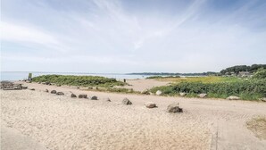Une plage de sable, avec des rochers et de la végétation.