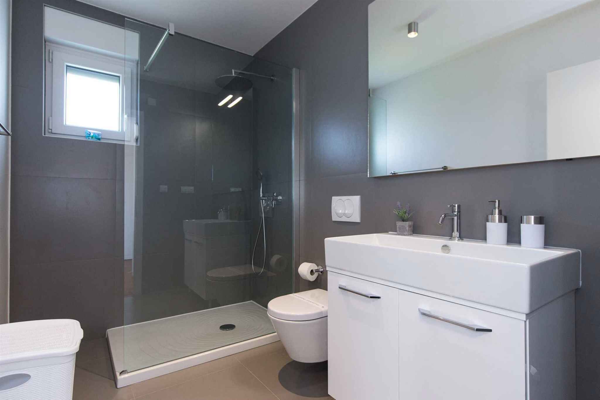 Ein modernes Badezimmer mit einer in Glas abgeschirmten Dusche, einem weißen Waschbecken und einer Toilette.