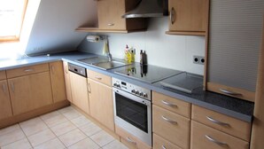 A compact kitchen with a dishwasher, oven, and a stovetop. - Küpfer vacation apartment (Gräfenberg)