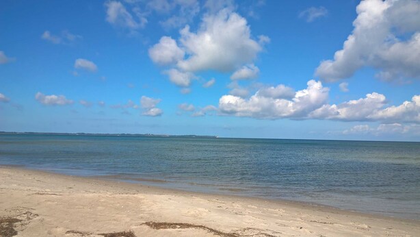 Une plage avec un ciel dégagé et une eau calme.