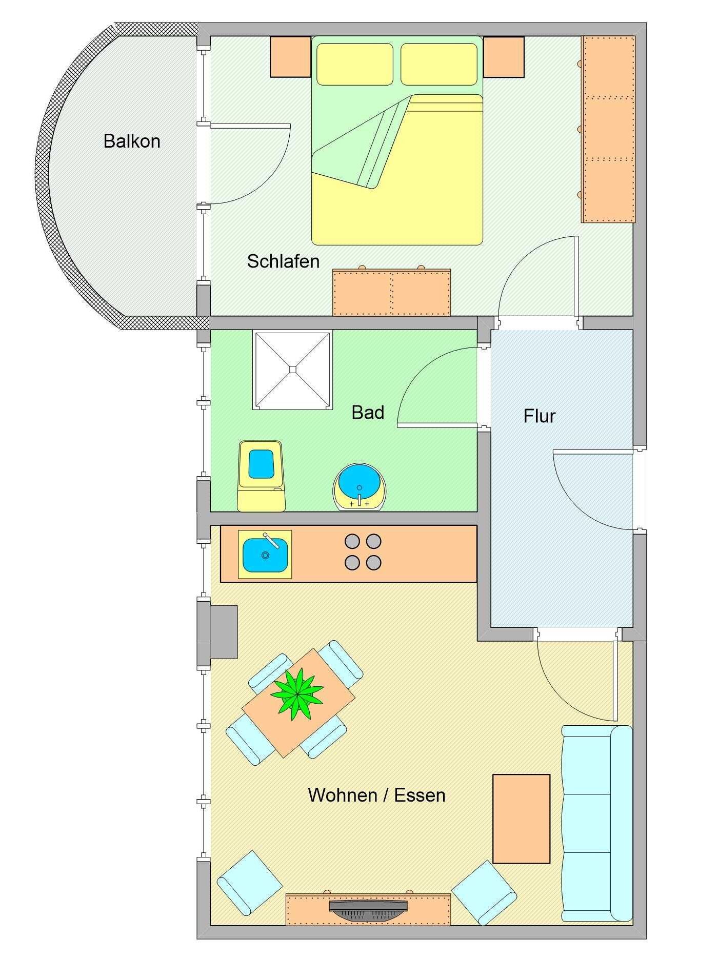 Un plan d’étage comprenant un balcon, un salon avec coin repas, une cuisine, une salle de bain et une chambre.