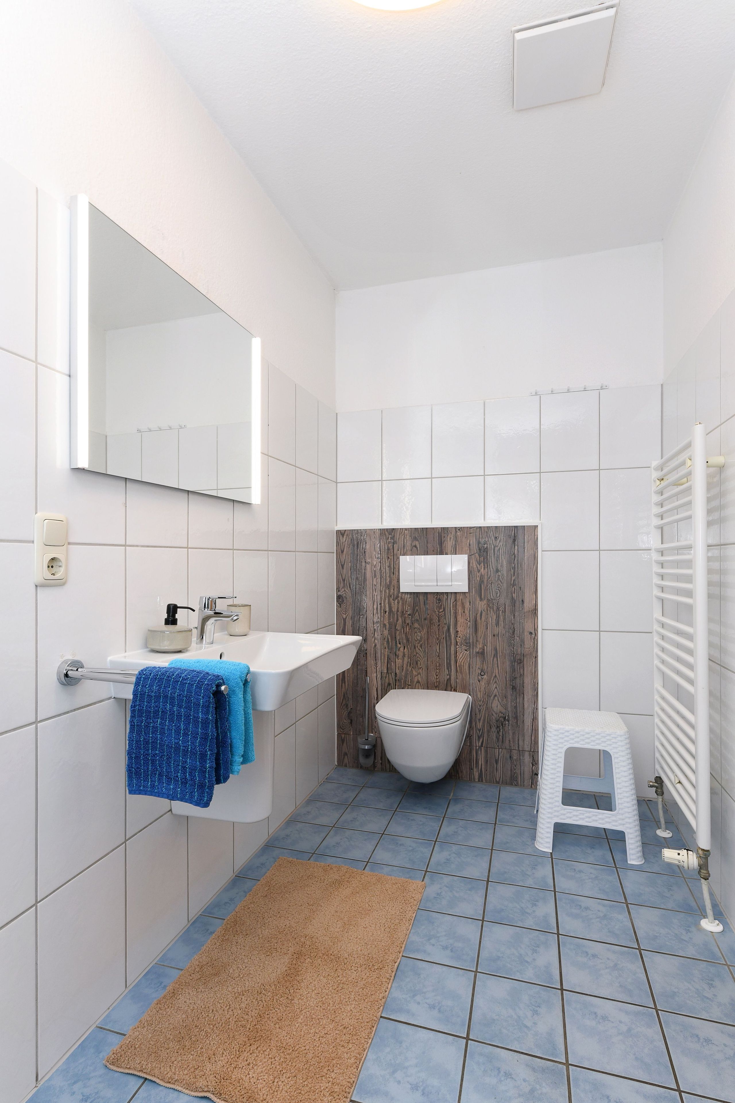 A modern bathroom with a white sink, mirror, and toilet, a brown rug, and a white radiator.