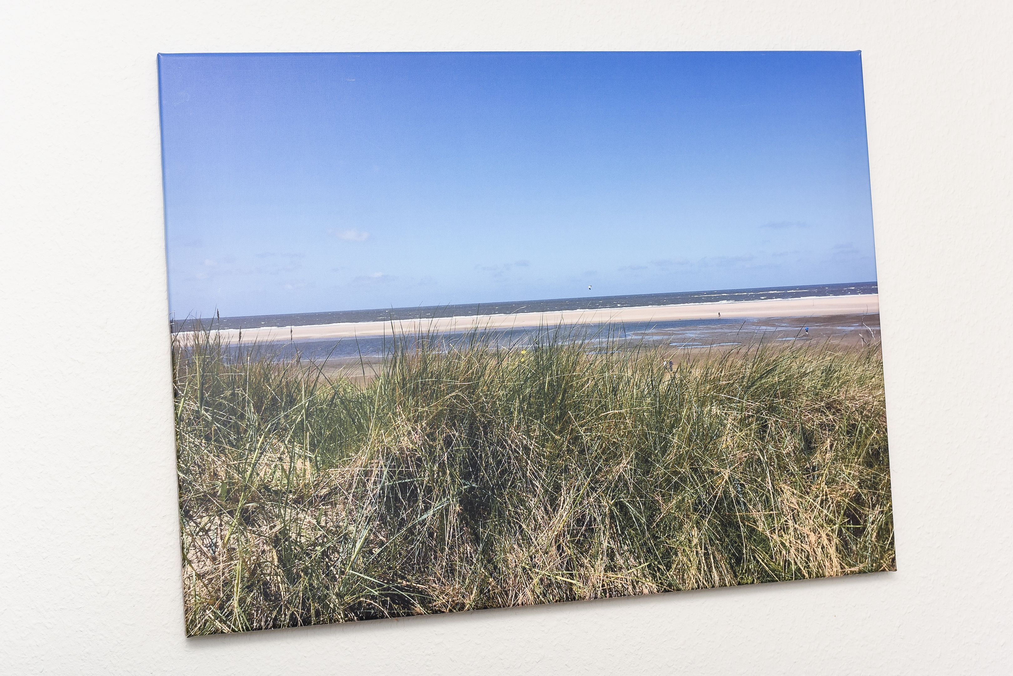 Une plage avec des dunes de sable et de l’herbe au premier plan.