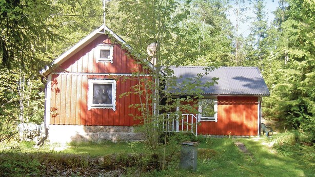 Een rode houten chalet met een klein terras en een metalen dak, omringd door weelderige begroeiing.