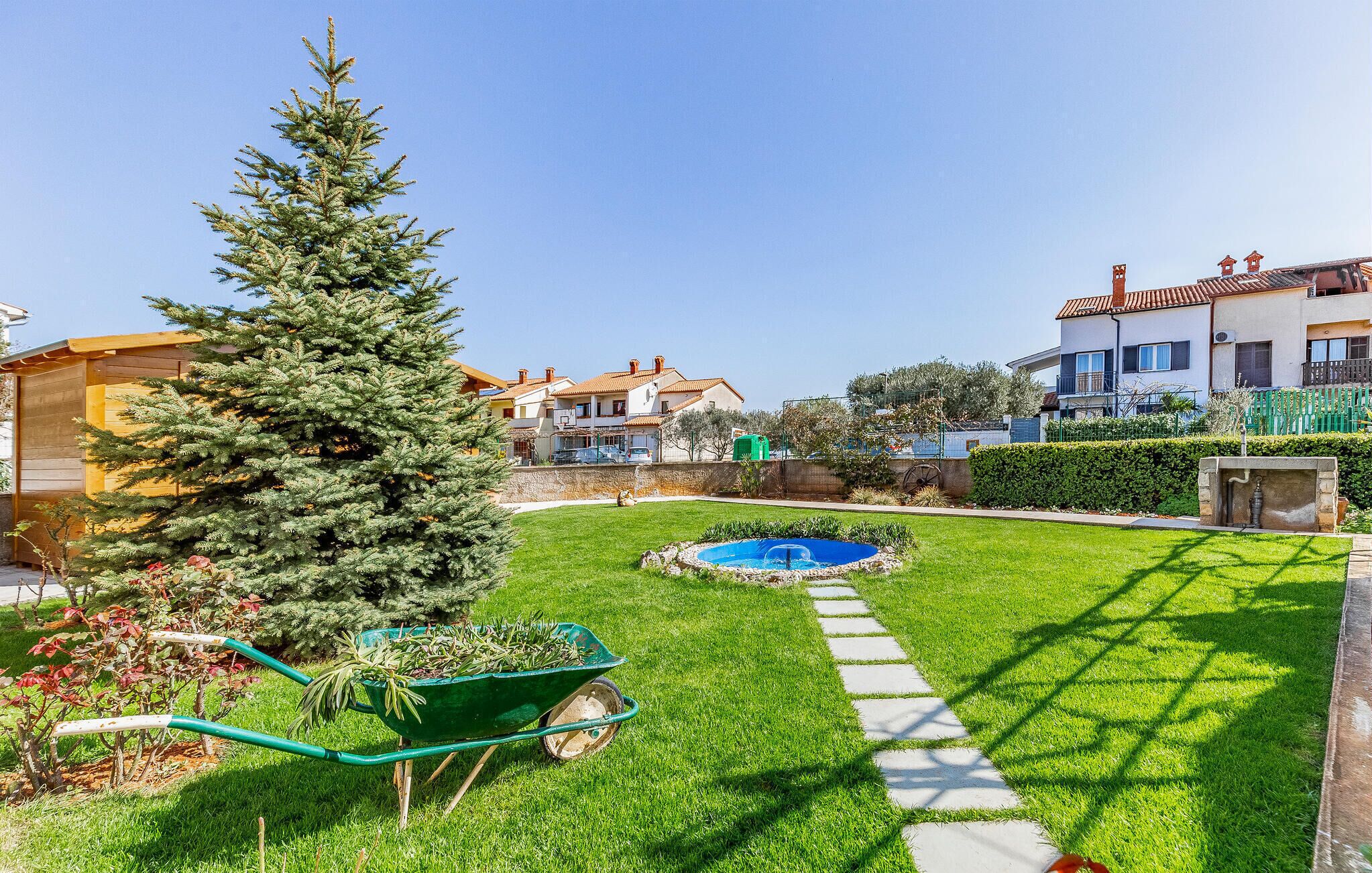 A well-maintained garden with a lawn, a small pool, and a wheelbarrow with plants.