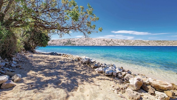 A beach with clear turquoise water, rocky shoreline, and a tree-lined path.