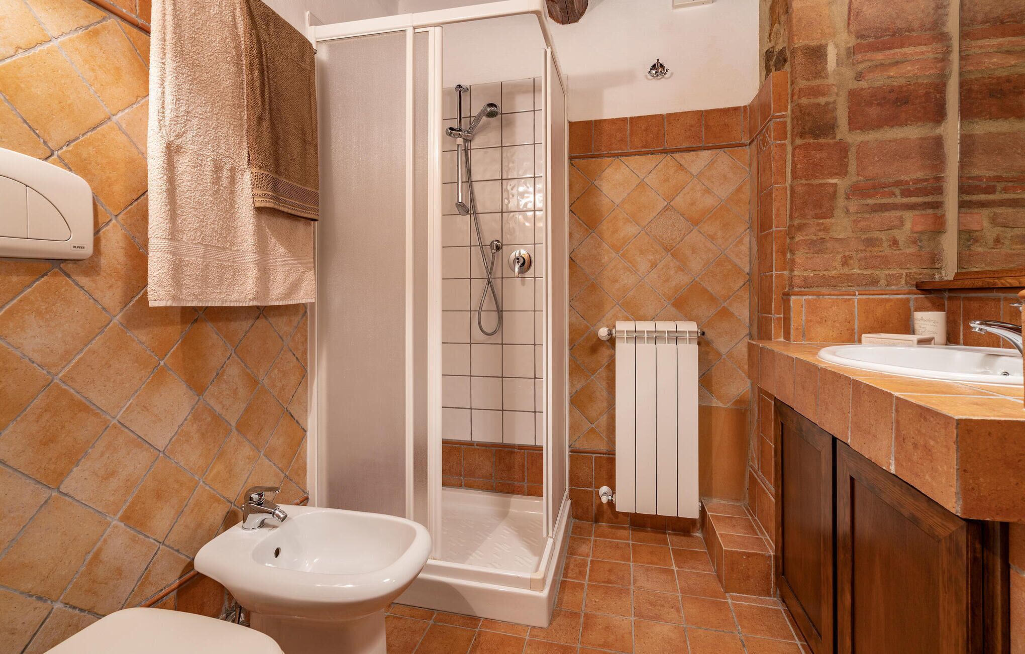 A bathroom with a shower, a bidet, and a sink.