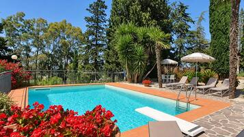 Una piscina con lettini e ombrelloni, circondata da alberi e piante.