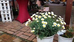 A courtyard with a red table, potted plants, and a brick floor. - Single Room - Pension Max (Senftenberg)