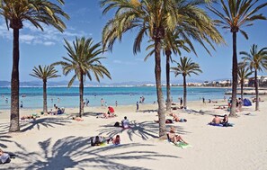 Ein Strand mit Palmen, badenden Personen und blauem Himmel.