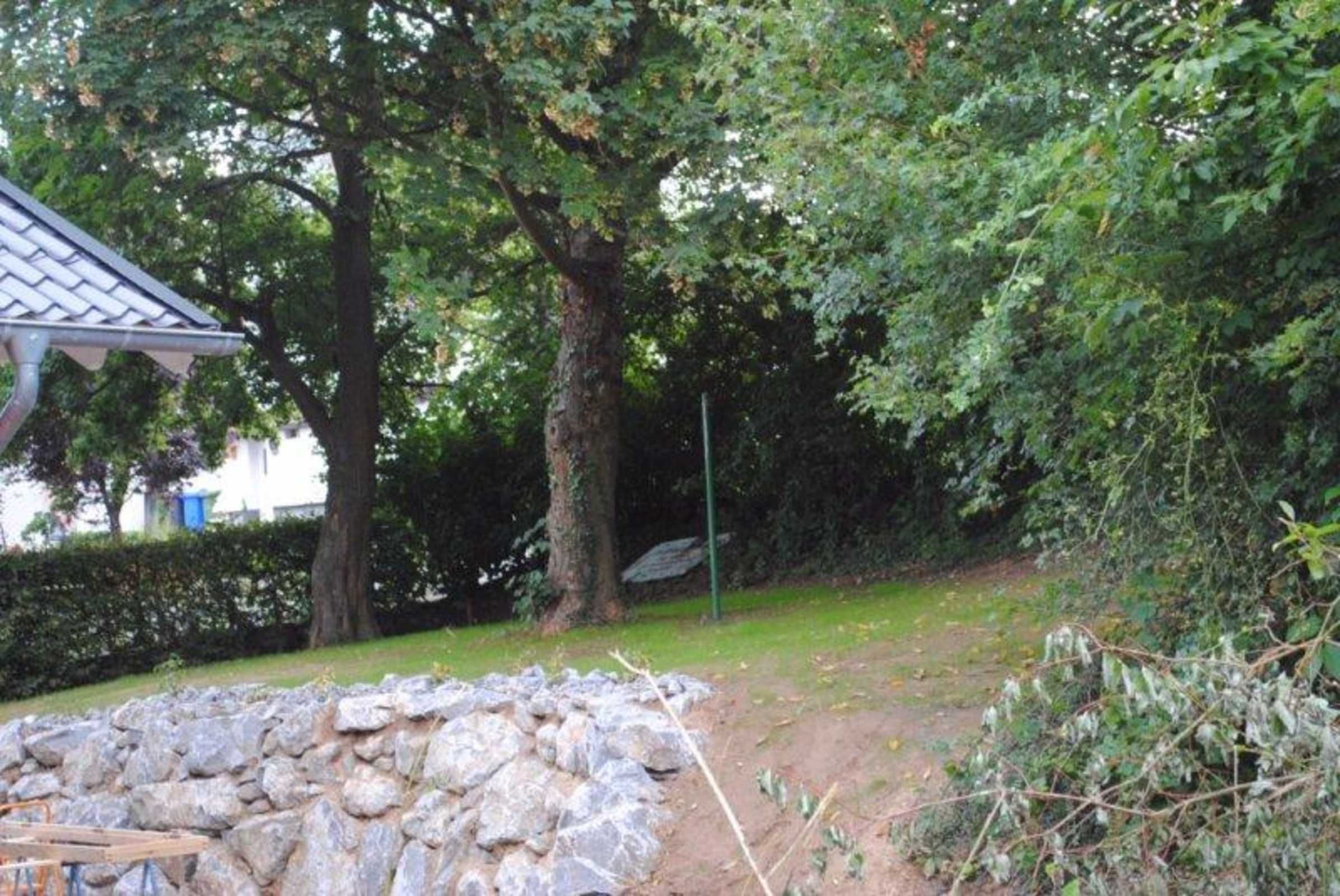 Un muro de piedra y una construcción de madera en un área boscosa.