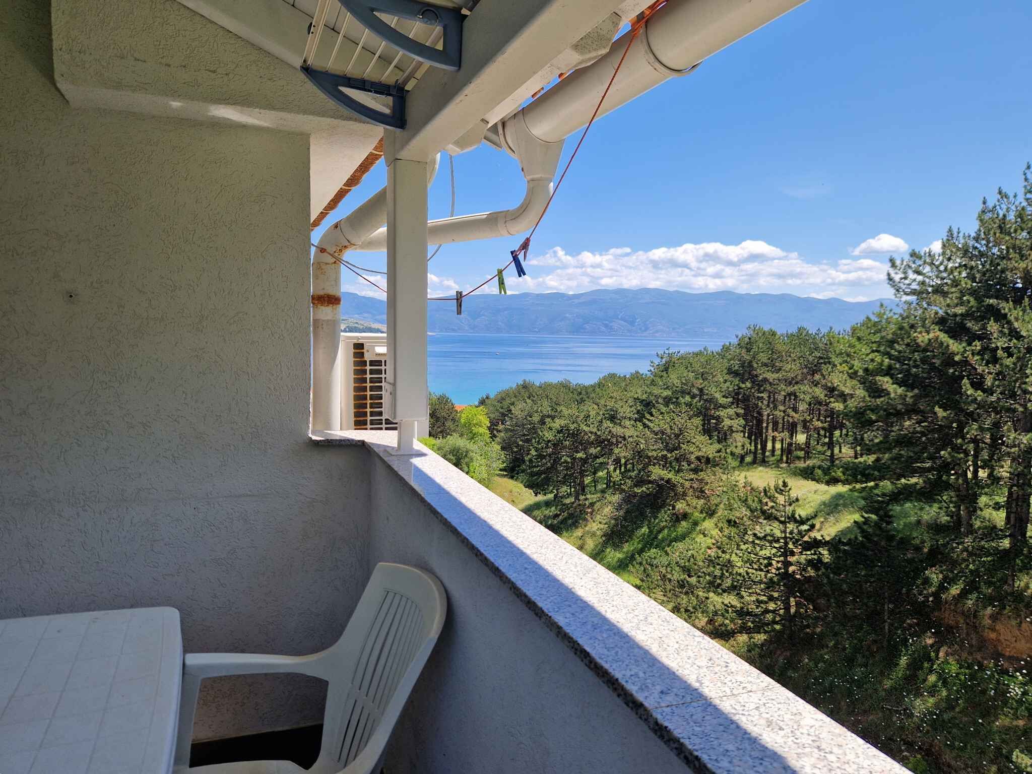 A balcony with a view of a forest and a body of water.